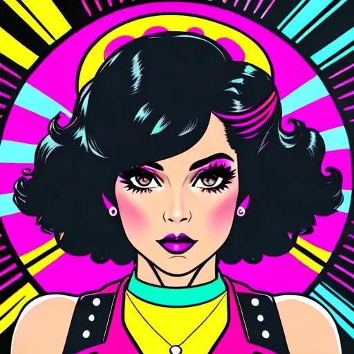 Prompt: Retro punk rock latina girl natural hair 70's vibe trippy comic style pop art goth punk fashion confident 
