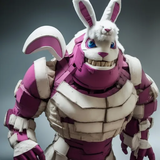 Prompt: Brute from Marvel, magenta and white colored robot, one red eye, white horizontal stripes, blue inside parts, dressed in a bunny costume, masterpiece, best quality