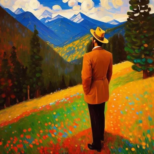 Prompt: A well-dressed man wandering in the mountains, peaceful atmosphere. in the mixed styles of Bob Ross, Pablo Picasso, Gustave Klimt, Rembrandt.