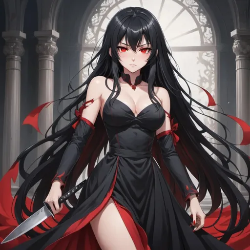 Prompt: An anime (((girl with luxurious long black hair and (((beautiful red eyes))))) standing confidently with two elegantly sharp ((knives)) extended forward, wearing a black flowing dress