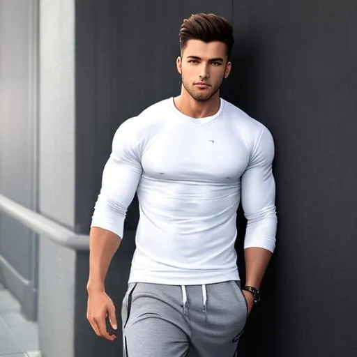 Prompt: Full body long shot Digital image of The side  of a built  handsom man wearing  a white tee Nikes and grey jogging sweats  high resolution detailed 