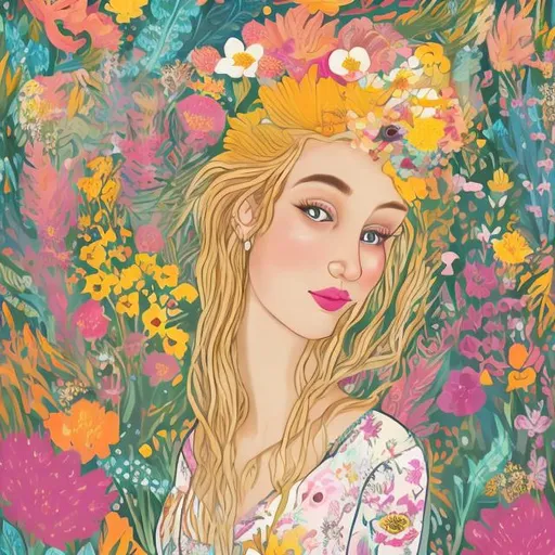 Prompt: A woman with blonde hair, she has lots of flowers in her hair and on her dress, dancing in a garden of flowers