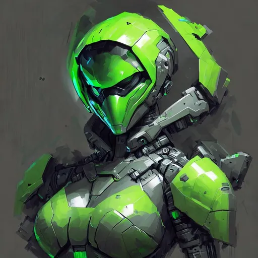 Prompt: Portrait of a futuristic humanoid mech wearing black and green heavy armor with dark background 