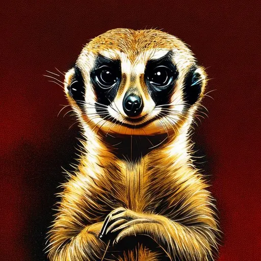 Prompt: Meerkat, black, gold, bright red, art