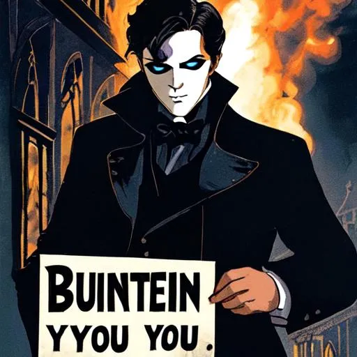 Prompt: The Phantom of the Opera holding a sign that says "I burnt down your house"