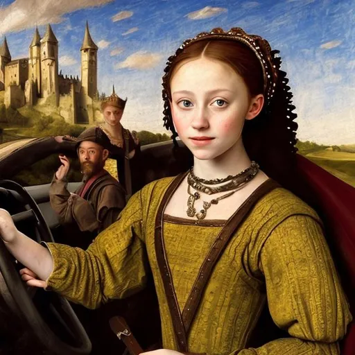 Prompt: Beautiful medieval young lady driving a sportscar, dressed in brocate, oil painting, 16th century, very realistic, portrait, in the style of George de la Tour
