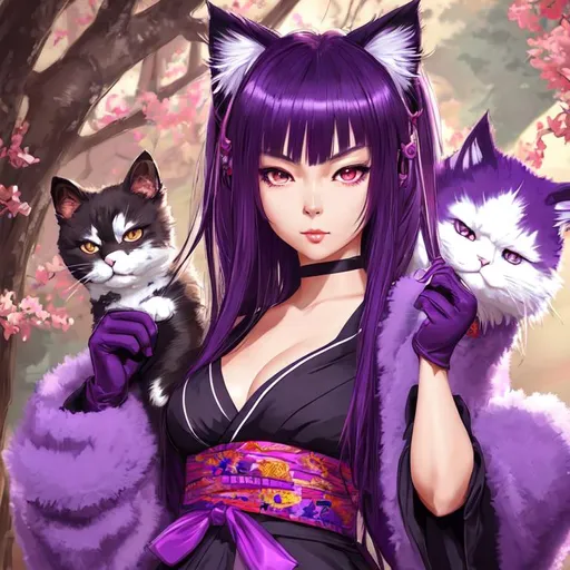 Prompt: Digital art, digital paint, game, asian background, portrait of an anime woman with fluffy cat ears, looking into camera, cat eyes, wearing gloves, kimono outfit, mature, smug, smooth soft skin, purple hair, anime wide eyes, looking into camera, soft lighting, detailed face