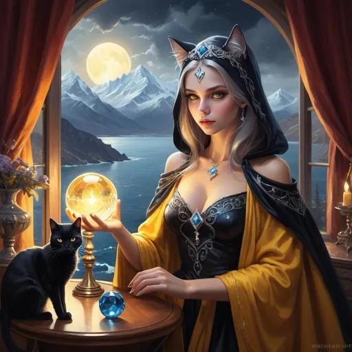 Prompt: 
a beautiful girl, a dark sorceress, in a cloak embroidered with silver and a dress with open shoulders and a deep neckline. on the girl’s head 
is an elegant diamond tiara, shimmering with all colors. the girl looks into the crystal ball on her hand. A black cat with yellow eyes sits 
next to her. the mystical, magical atmosphere of a room in a high tower, illuminated by a magic lamp giving a soft yellow light. Outside the 
window you can see the raging sea, sparkling lightning and high snow-capped mountains. style: oil painting