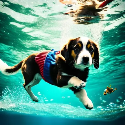 Prompt: A dog mixt with spiderman under water