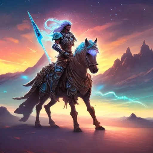 Prompt: prompt, warrior holding a glowing ice sword in the desert, riding on a horse, sky, wind, falcon, mountains, rivers, depth of field, size 4:5