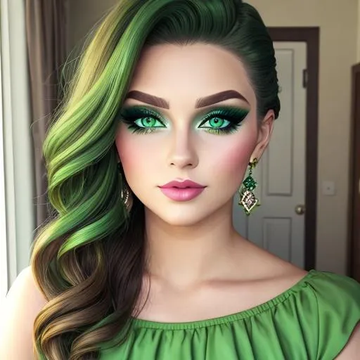 Prompt: A woman all in green, green eyes, pretty makeup