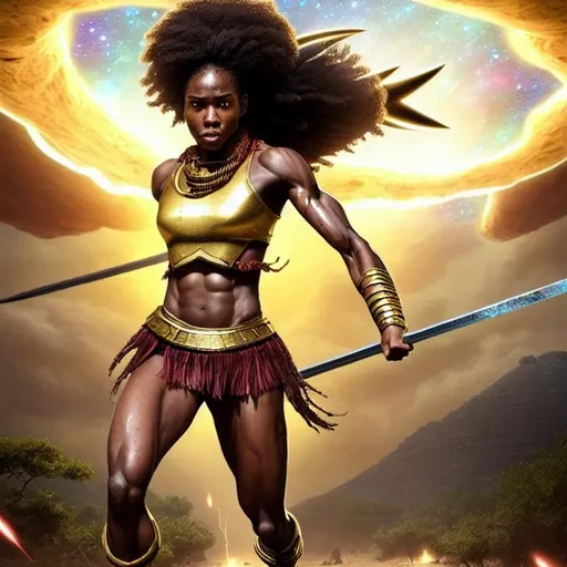 Prompt: (Hyperrealistic highly detailed photography of an ebonian warrior princess fleeing apocalyptical alien invasion)
Strong-willed, affraid, angry, determined, sweat, blood, scratchs, scars, beautiful, athletic, fast, long hair. Golden necklace. Golden headband. Light armor. Spear. Explosions. Space ship. City. Ruins. Dead bodies. Casualties. Destructions. Fire. Smoke. Invasion. Alien troops. #Marabeth#