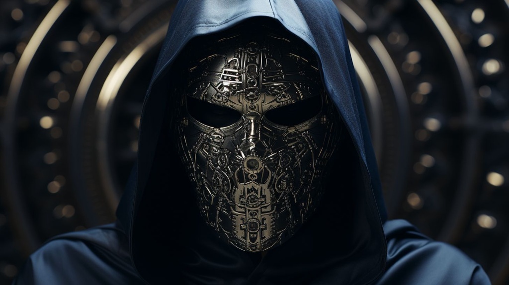 Prompt: a dark skull wearing a hood has a hand, in the style of video feedback loops, stripes and shapes, machine aesthetics, silver and dark navy, future tech, alex ross, calming and introspective aesthetic