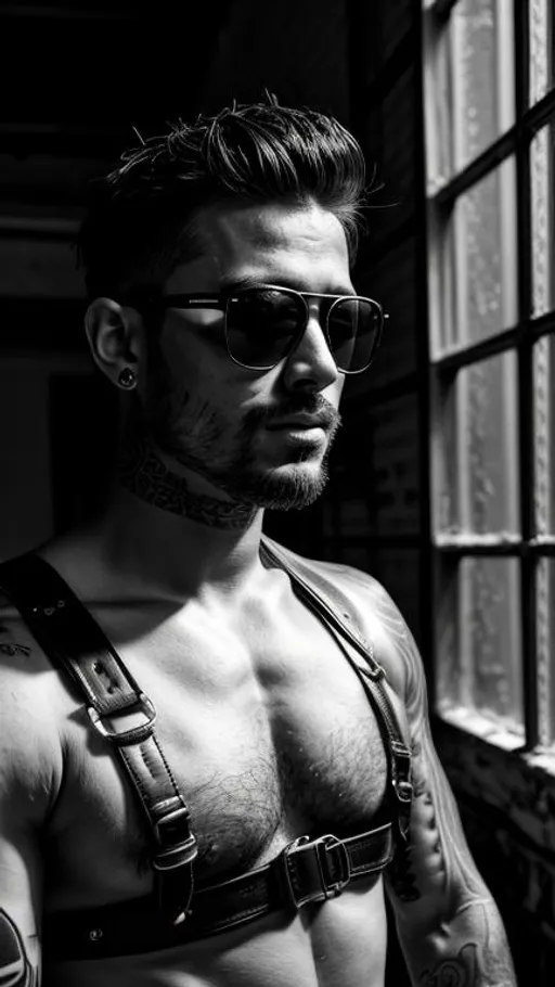 Prompt: Sensual, tattooed, shirtless man from a random country, wearing sunglasses and an strapped rugged leather harness, in an abandoned place near a window, cinematic, close-up portrait, grayscale, hyperrealistic, hyperdetailed, ambient light, perfect composition, provocative, textured skin, high contrast, profile portrait, ultra HD.