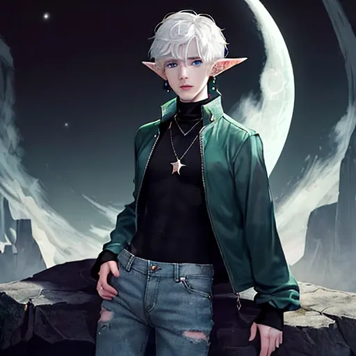 Prompt: A 19 year old boy with elf ears, pale skin, fluffy short white hair, dark blue eyes, star and moon earrings, spandex black turtleneck, dark green denim jacket, necklace with white crystal attached, wearing black baggy jeans.