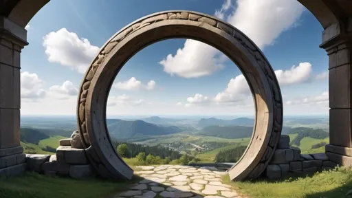 Prompt: circular portal, gateway between kingdoms, ring, ring standing on edge, freestanding ring, complete ring, panoramic view