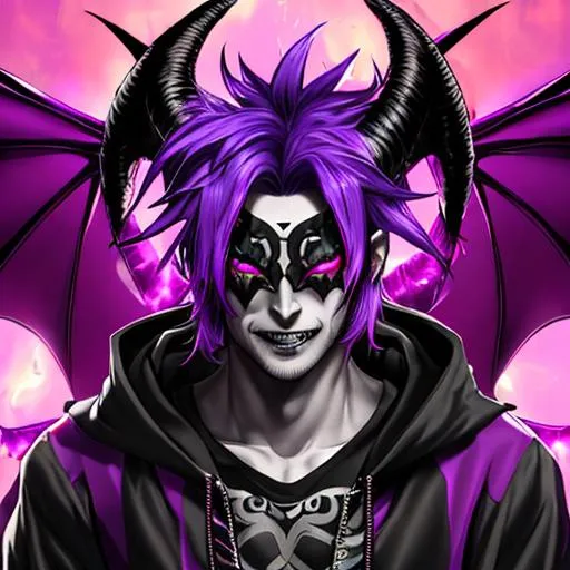 Prompt: handsome man, monster, demon, fire, purple, neon, black, vampire teeth, strong and body, neon green and purple hair, hood, monster wings, king, , goat, vampire teeth, red eyes, mask, horns