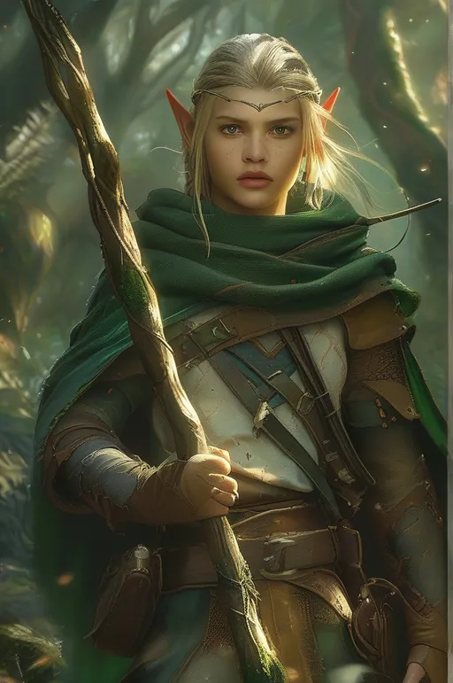Prompt: Elf ranger in a mystical forest around sunlight