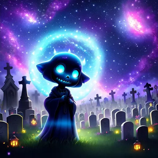 Prompt: Cute Pixar style painting, an adorable spirit, graveyard, midnight, translucent skin,  floating, nebula, galaxy, stars, fireflies, glowing eyes, glowing, Graves, cemetery, soft light, 4k, beautiful , gravestones, crypt, skeleton, dead trees, hill