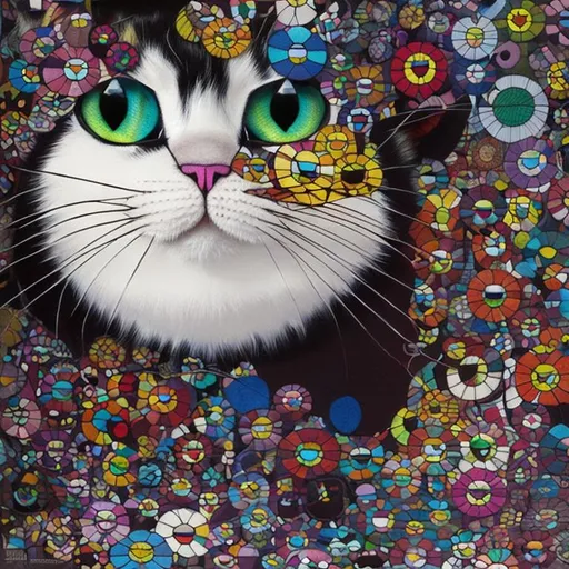 Prompt: Cheshire cat patchwork, by Takashi Murakami, by Didier Lourenço, by Jennifer Lommera, golden ratio, rule of thirds, contour lines, striped feline, extremely detailed, line art, Surrealism, doodle patchwork, Trance