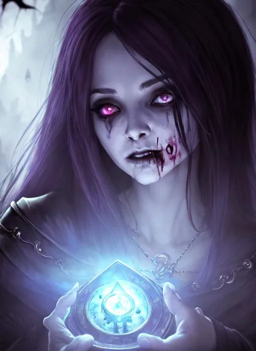 Prompt: A female necromancer summoning a zombie, epic, dark fantasy, pose, 8k, vibrant, high detail, cinematic, gritty, ghost, magic, soul, cute, soul steal, soul extraction, horror,  two people, magic whisps, spirit, gastly, battle, fight,  perfect face, realistic face, high quality, ethereal 