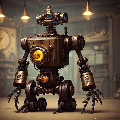 a worn but happy steampunk concept art robot in engi... | OpenArt