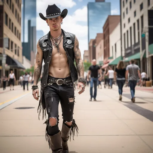 Prompt: generate a photo of a punk rock cowboy, super fit, looking directly at the camera in a one point perspective, walking downtown dallas, he is sharp focused and all people around walking by leaving traces of timelapse capture