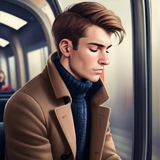 Prompt: A handsome man with strong jawline and light brown hair, sitting in an empty metro, eyes closed, wearing headphones, peacoat {image} bokeh, hyperrealist {style}