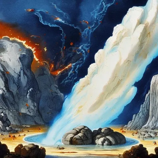 Prompt: painting of huge rock exploding into water bursts. bright white and range of many blues. Pool of water at base with Mighty God of Jacob causing the scene
  

