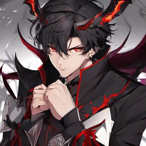 Prompt: Damien (male, short black hair, red eyes) a sadistic look on his face, demon form, fighting