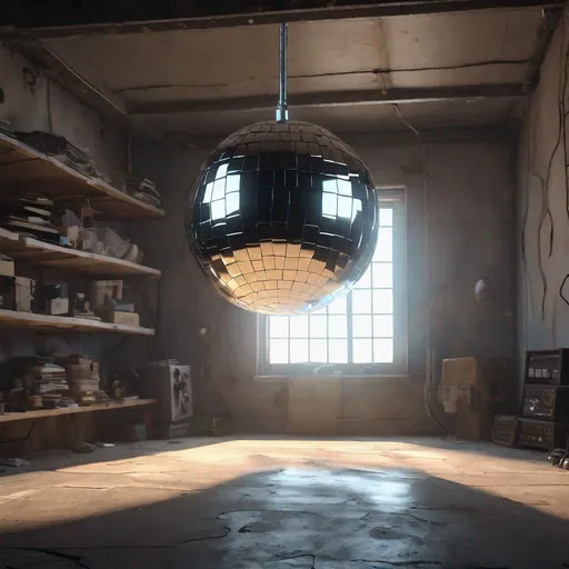 Prompt: a hanging disco mirror ball in a dusty basement{ strange consoles covered with old sheets}, vacuum tubes and transformers, 2 point perspective islands in the distance, volumetric lighting, unreal engine, trending on art station, beautiful, atmosphere, volumetric cinematic perfect light, high-angle, asymmetric balance 16:9 600 5.2