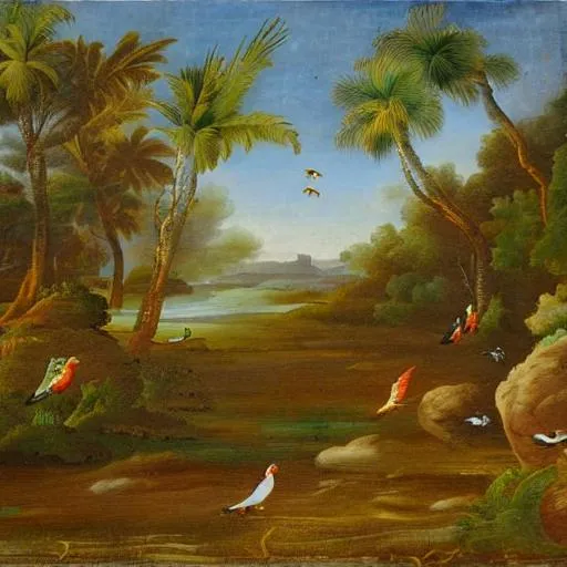 Prompt: Paradise landscape with birds 

