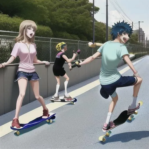 anime key visual of a little boy riding a skateboard