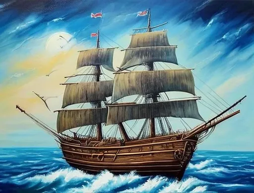 Prompt: Change this painting to a pirate sailing ship. Add sea to the bottom of the ship in same style as the painting.