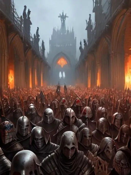 Prompt: crowd, dead medieval, figthers, knights, corpses, gore, blood, sad, depressing, desperate, greg rutkowski, vibrant colors, full hd, high quality, 4k, trending on artstation, oil painting, symmetrical, intricate, highly detailed