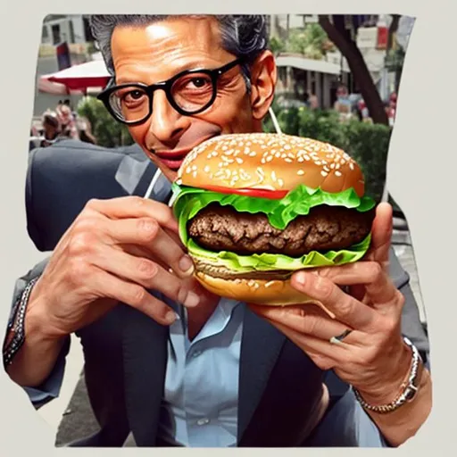 Prompt: Jeff Goldblum holding a burger and the burger has little people on it