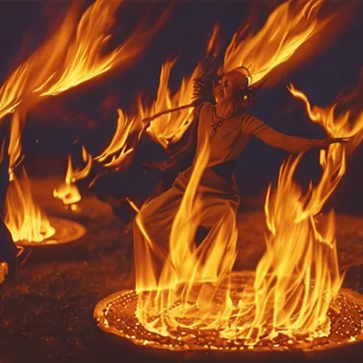 Prompt: Poeple dancing around fire