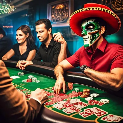 Prompt: High stakes poker + Mexican mask

