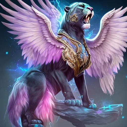 Prompt: Realistic Very majestic panthergirl with epic majestic wings, gold pink and blue