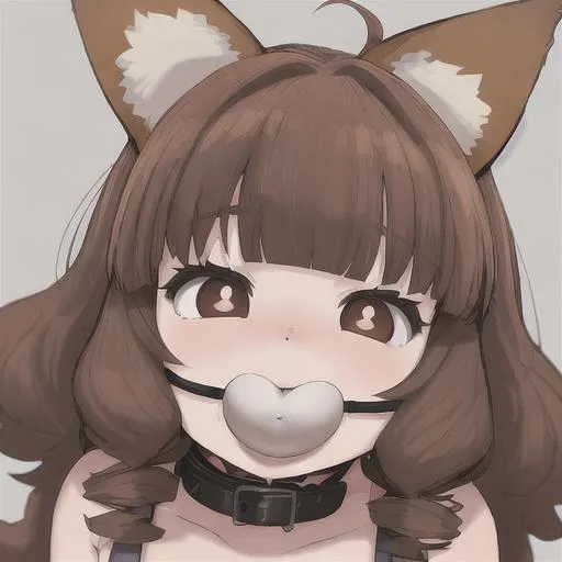Prompt: cute short chubby fat white girl with auburn curly long hair with fox ears she is wearing a kids onesie and has a collar and is blushing she has grey purplish eyes with bone gag in her mouth