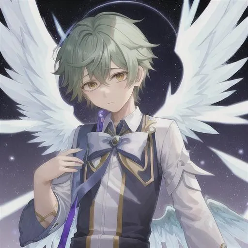 Prompt: A cute innocent calm god elements teenage boy with god like clothes, and god like wings, genshin impact 