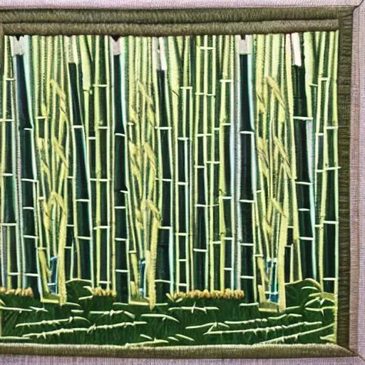 Prompt: Embroidered bamboo forest on a rectangle 