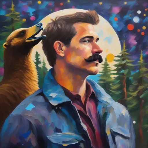 Prompt: A profile beautiful and colourful picture of a handsome man with brunette hair and a mustach, is surrounded by Sitka Spruce trees, a brown bear, and a goose in flight, framed by the moon and constellations, in an impressionistic colourful acrylic palette knife style.