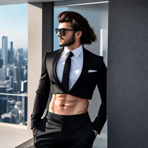 Prompt: a gorgeous 4k hdr photo of an attractive extremely long-haired 20-years old man with a six pack abs and glasses wearing a crop top black long sleeve business suit with a black necktie and black business suit pants, he also has a bare midriff and a bare navel, he has his hands on his hips, looking around, flexing his midriff abs, (midriff shot)), it is zoomed in on his attractive midriff abs, ((high quality)), ((highly detailed)), ((vibrant))