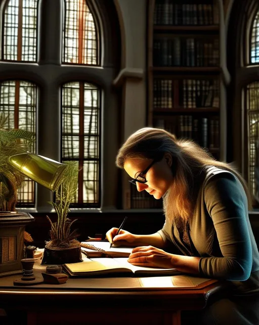Prompt: Soft daylight streams in through tall arched windows, illuminating a biologist as she examines plant specimens under a microscope, taking notes in a leather journal. Old school academia. In the style of Irving Penn. ultra detailed, highly detailed scenario, photorealistic, intricate, masterpiece, UHD, HDR, symmetric, coherent, epic detail, stunning, beautiful, ,lumen render ,lumen path tracing ,path tracing light ,path tracing shadow ,path tracing special fx, 