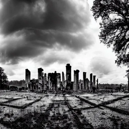 Prompt: Realistic black and white photo Wide shot:
A panoramic view of the post-apocalyptic, cyber-punk, gothic cityscape, with large towering ruins and overgrown vegetation. The sky is filled with dark clouds and raining, casting a somber mood over the scene.