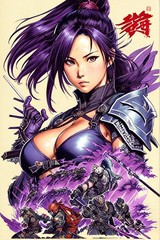 Prompt: Ninja Gaiden Art (((Yoji Shinkawa))), sticker of ultra detailed portrait of Olivia Munn in detailed purple heavy samurai armor, high quality cell shaded illustration in post apocalyptic style by Yoji Shinkawa, ((full body)), dynamic pose, perfect anatomy, centered, freedom, soul, black long hair,tan skin approach to perfection, cell shading, 4k , cinematic dramatic atmosphere, watercolor painting, global illumination, detailed and intricate environment, artstation, concept art, fluid and sharp focus, volumetric lighting, cinematic lighting, Art by Ilya Kuvshinov
