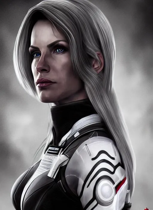 Prompt: Portrait of commander shepard with long curled white hair and with beautiful face, tank, perfect composition, hyperrealistic, super detailed, 8k, high quality, trending art, trending on artstation, sharp focus, studio photo, intricate details, highly detailed