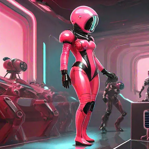 Prompt: human wearing red spacesuit with black combat boots and gloves, feminine humanoid robot  wearing a retro-futuristic pink bikini spacesuit with black stiletto heeled boots and fishbowl helmet in sci-fi battle stance  