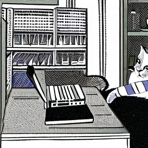 Prompt: a cat working on computer in the office, new yorker magazine